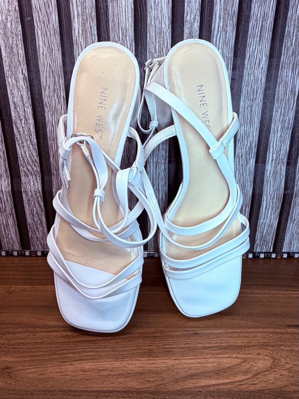 Nine West White Strappy Square-Toe Heels